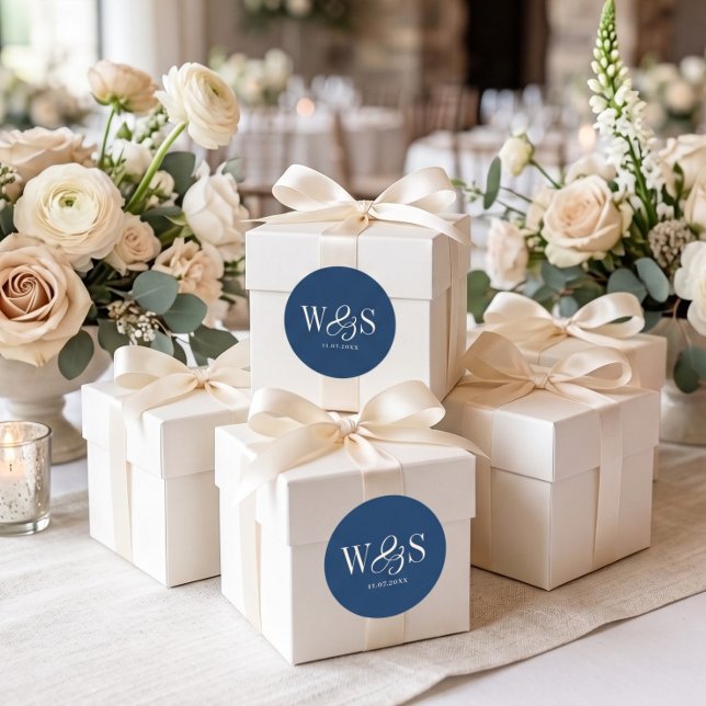 Elegant navy blue initial wedding couples classic round sticker (Creator Uploaded)