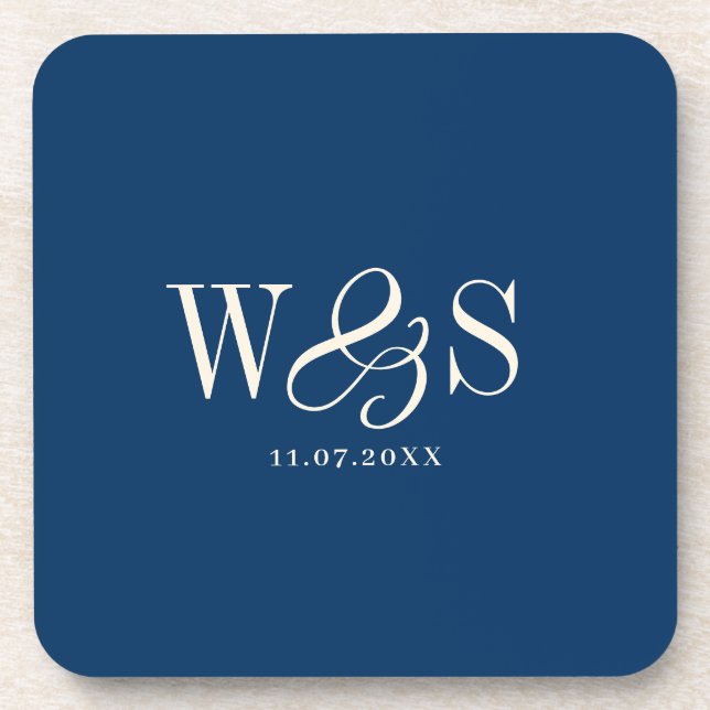 Elegant navy blue initial wedding couples coaster (Front)