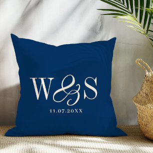 Elegant navy blue initial wedding couples cushion