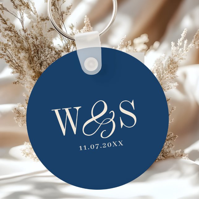 Elegant navy blue initial wedding couples key ring (Creator Uploaded)
