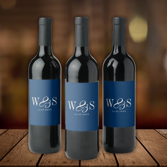 Elegant navy blue initial wedding couples wine label (Creator Uploaded)