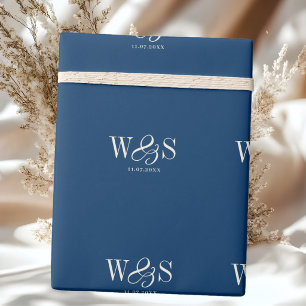 Elegant navy blue initial wedding couples wrapping paper
