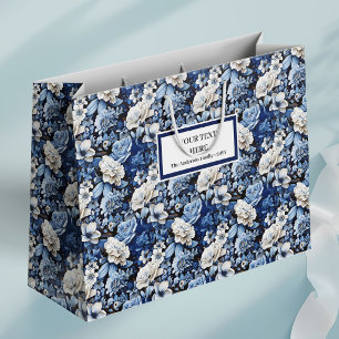 Elegant Navy Blue Ivory Floral Luxury Gift Bag