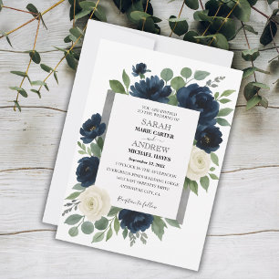 Elegant Navy Blue & Ivory Floral Wedding Invitation