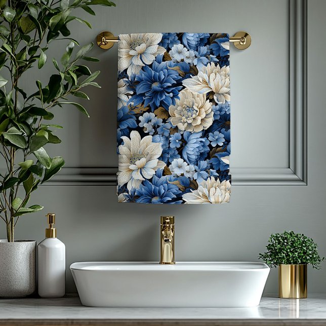 Elegant Navy Blue Ivory Gold Floral Bath Towel (Elegant Navy Blue Ivory Gold Floral Bath Towel)