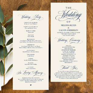 Elegant Navy Blue Ivory Script Wedding Program