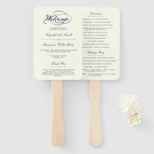 Elegant Navy Blue & Ivory Script Wedding Program Hand Fan