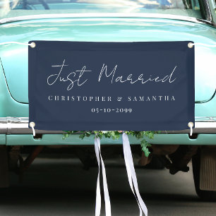 Elegant Navy Blue Just Married Wedding Car Banner