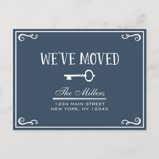 Elegant Navy Blue Key Moving Announcement Postcard (Front)