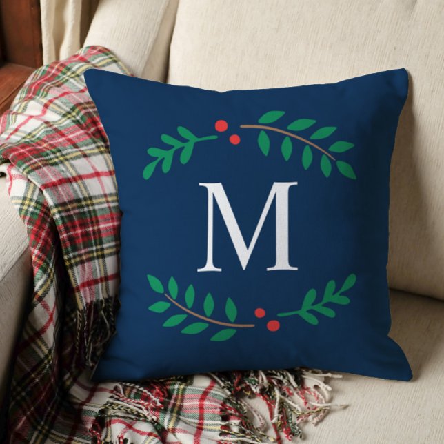 Elegant Navy Blue Laurel Monogram Christmas Cushion (Creator Uploaded)