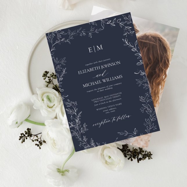 Elegant Navy Blue Leaf Photo Monogram Wedding Invitation (Creator Uploaded)