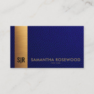 Elegant Navy Blue Leather & Gold Bar Monogram Business Card