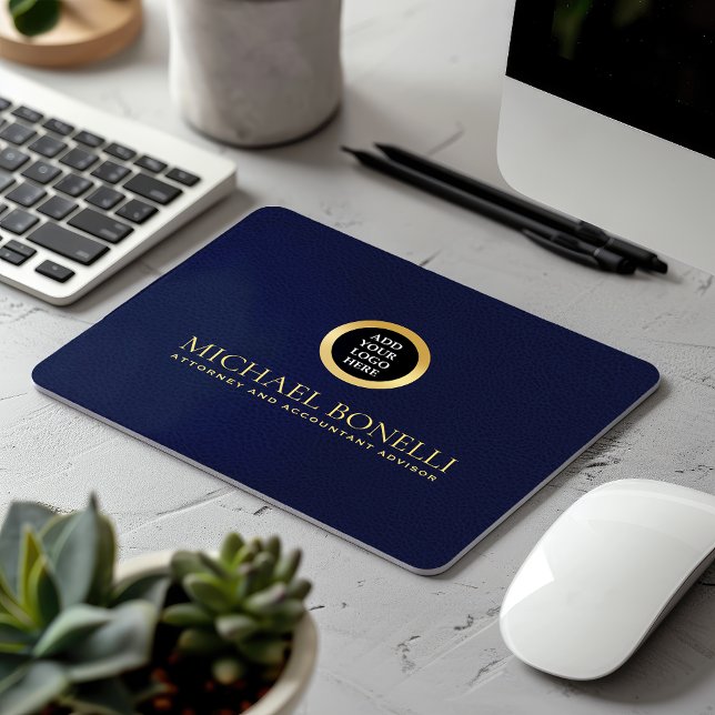 Elegant Navy Blue Leather Luxury Gold ROUND Logo  Mouse Pad (Creator Uploaded)