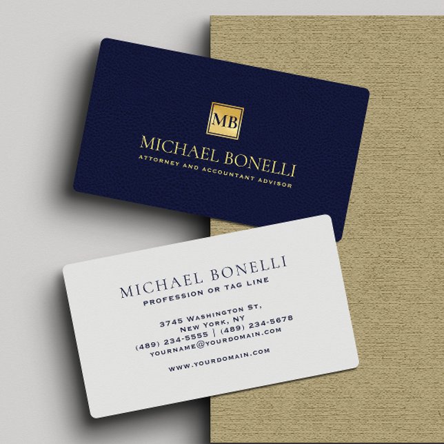 Elegant  Navy Blue Leather MONOGRAM Professional Business Card (Creator Uploaded)