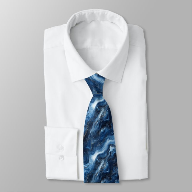 Elegant Navy Blue Marble Pattern Tie (Tied)