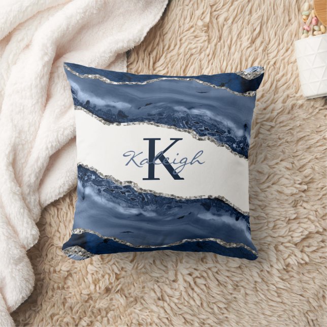 Elegant Navy Blue Marble Silver Glitte Monogram Cushion (Blanket)