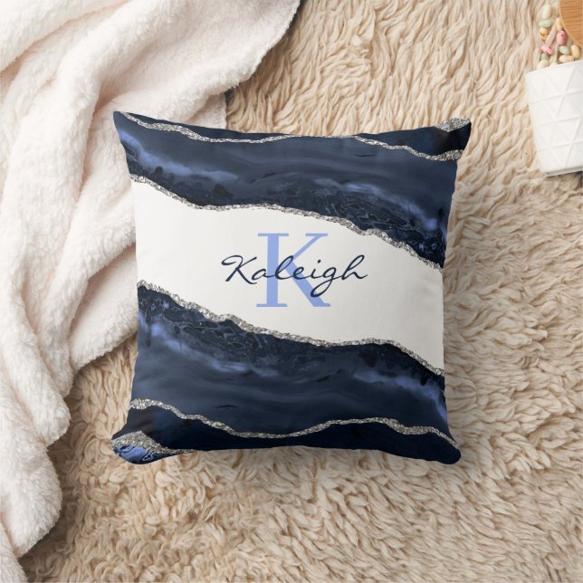 Elegant Navy Blue Marble Silver Glitter Monogram Cushion (Blanket)