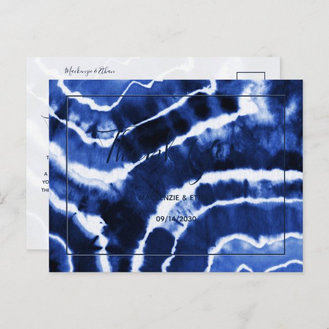 Elegant Navy Blue Marble Tie Dye Wedding Thank You Postcard (Front/Back)