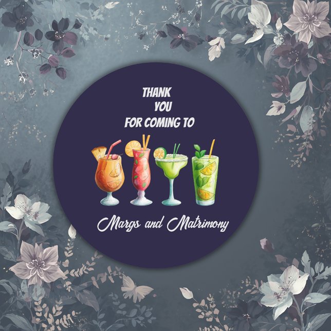 elegant navy blue margs and matrimony thank you classic round sticker (Creator Uploaded)