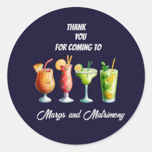 elegant navy blue margs and matrimony thank you classic round sticker