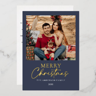 Elegant Navy Blue Merry Christmas Family Photo Foil Holiday Card