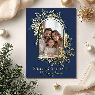 Elegant Navy Blue Merry Christmas Photo  Foil Holiday Card