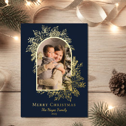 Elegant Navy Blue Merry Christmas Photo Foil Holiday Card