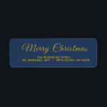 Elegant Navy Blue Merry Christmas Return Address Return Address Label<br><div class="desc">These custom personalised Christmas return address labels have a navy blue background and gold coloured letters. It says Merry Christmas in script calligraphy or typography and has a sample name and address. ----- Replace the sample and add your name and return address in the template to personalise. ----- You can...</div>