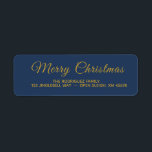 Elegant Navy Blue Merry Christmas Return Address Return Address Label<br><div class="desc">These custom personalised Christmas return address labels have a navy blue background and gold coloured letters. It says Merry Christmas in script calligraphy or typography and has a sample name and address. ----- Replace the sample and add your name and return address in the template to personalise. ----- You can...</div>