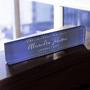 Elegant Navy Blue Metallic Professional Business Nameplate
