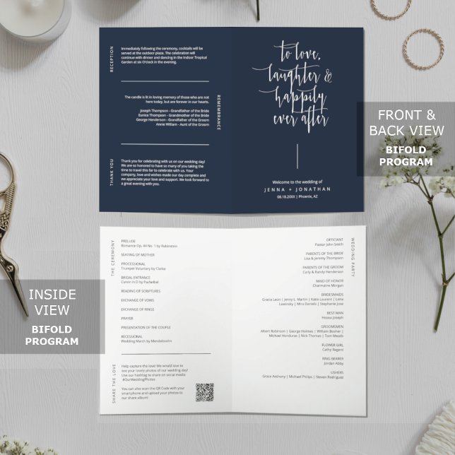 Elegant Navy Blue Minimal QR Code Wedding Folded Program (Creator Uploaded)