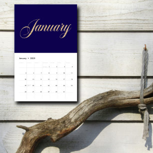 Elegant Navy Blue Minimalist  Gold Script Letters Calendar