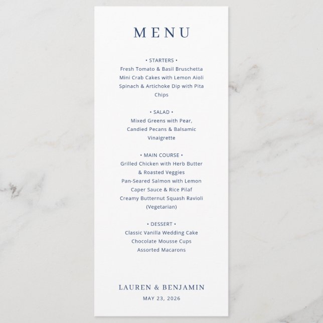 Elegant Navy Blue Minimalist Wedding Menu (Front)