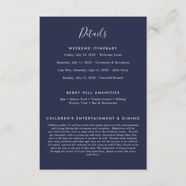 Elegant Navy Blue Modern Details Enclosure Card (Front)