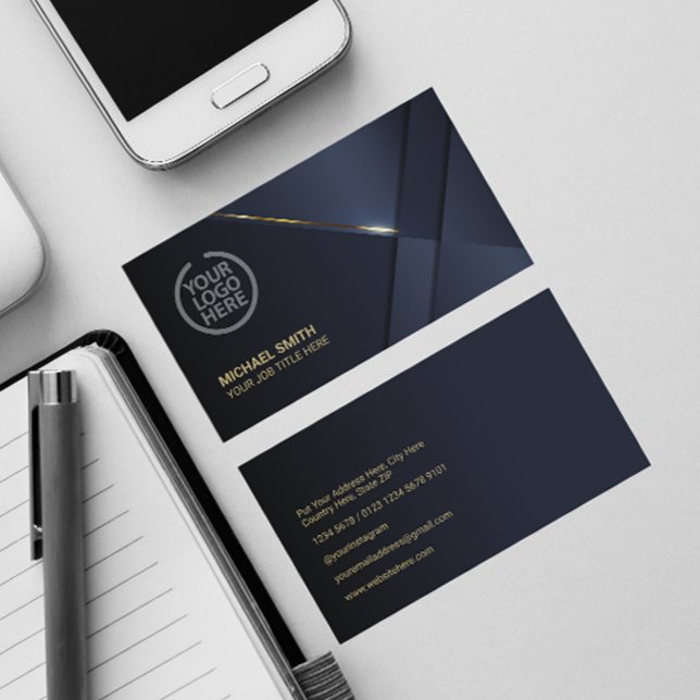 Elegant Navy Blue Modern Gold Line Professional Business Card (Creator Uploaded)