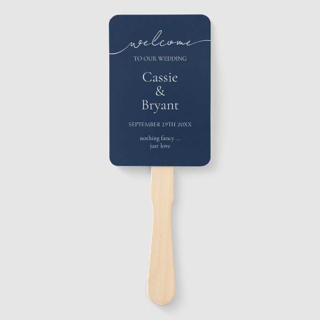 Elegant Navy Blue Modern Script Wedding Program Hand Fan (Front)