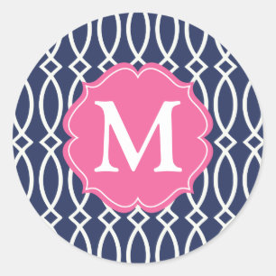 Elegant Navy Blue Modern Trellis Monogrammed Classic Round Sticker