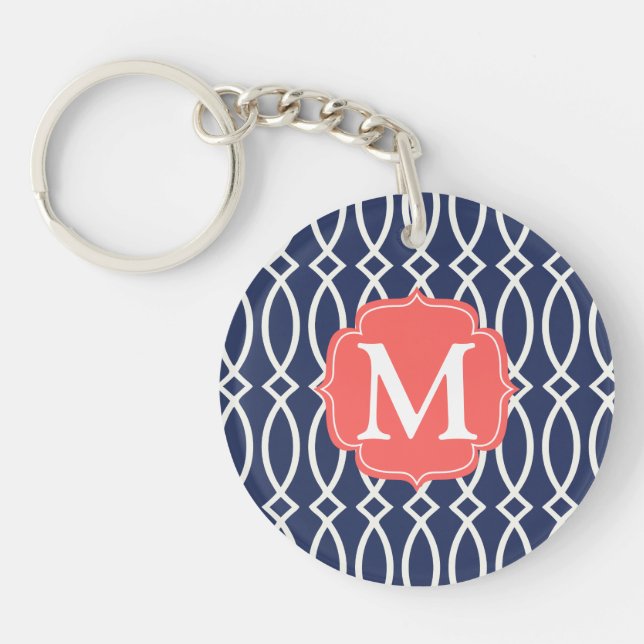 Elegant Navy Blue Modern Trellis Monogrammed Key Ring (Front)
