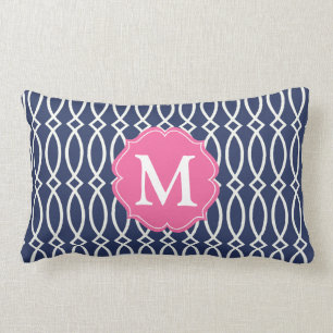 Elegant Navy Blue Modern Trellis Monogrammed Lumbar Cushion