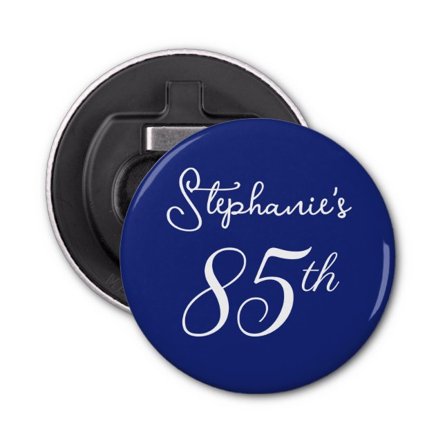 Elegant Navy Blue Monogram 85th Birthday Party Bottle Opener (Front)