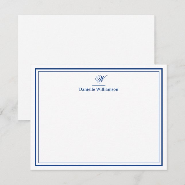 Elegant Navy Blue Monogram Double Border Flat Card (Front/Back)