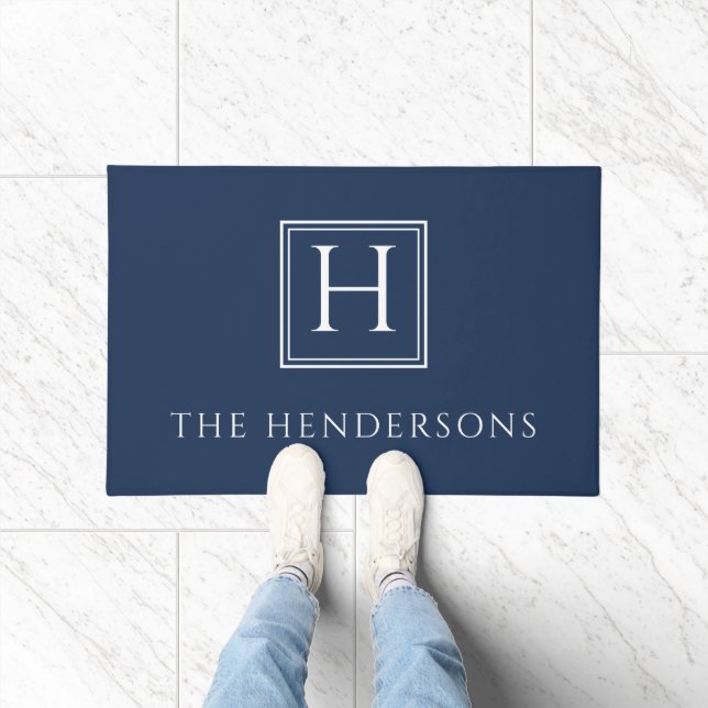 Elegant Navy Blue Monogram Family Name Doormat (Indoor)