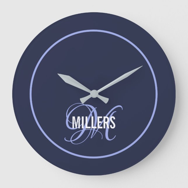 Elegant navy blue monogram family name   large clock (Front)