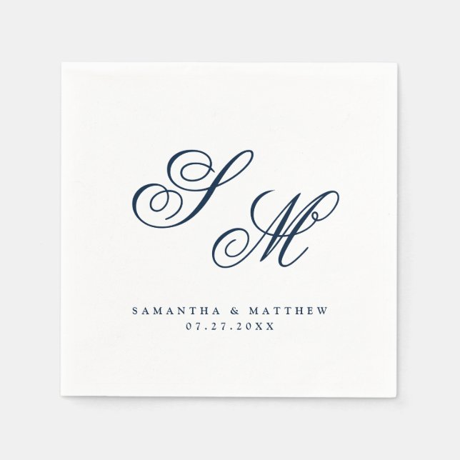 Elegant Navy Blue Monogram Initials Wedding Napkin (Front)