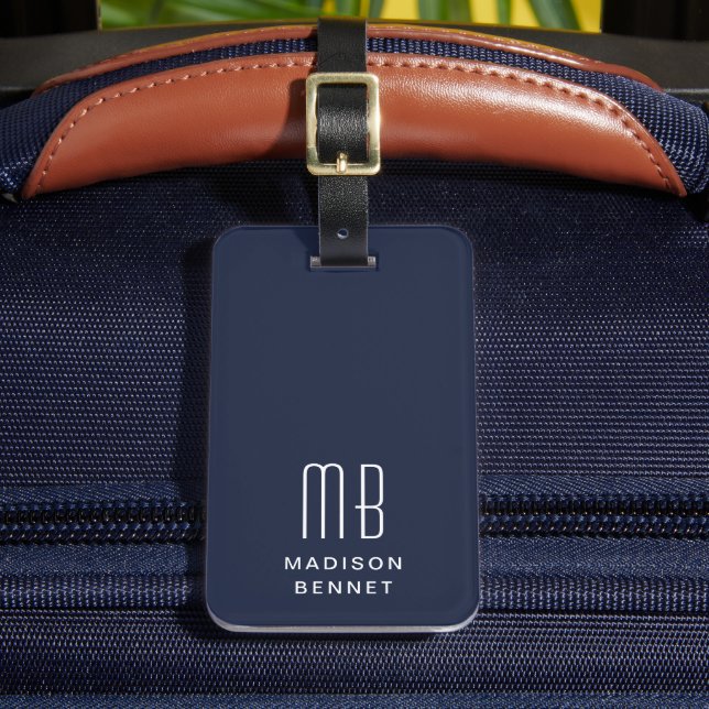 Elegant Navy Blue Monogram Luggage Tag (Front Insitu 2)