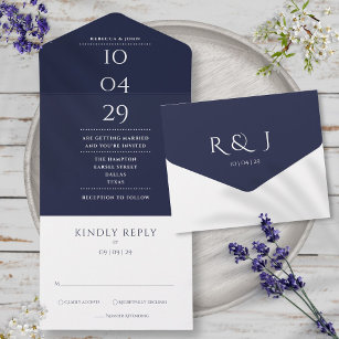 Elegant Navy Blue Monogram Minimalist Wedding Date All In One Invitation