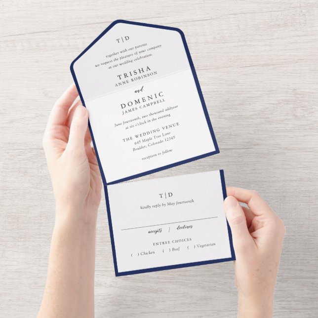 Elegant Navy Blue Monogram Modern Wedding All In One Invitation (Tearaway)