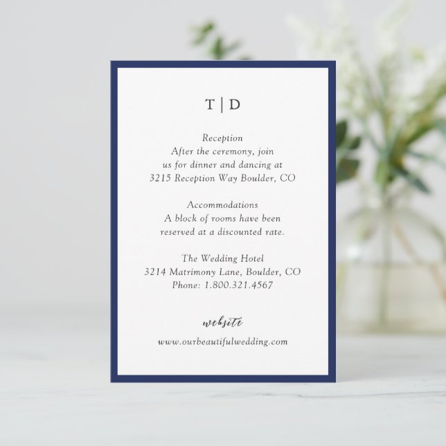 Elegant Navy Blue Monogram Modern Wedding Enclosure Card (Standing Front)