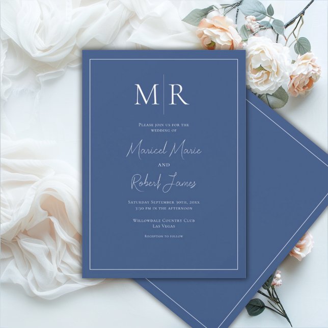 Elegant Navy Blue Monogram Modern Wedding Invitation (Creator Uploaded)