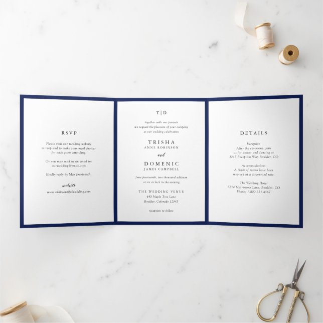 Elegant Navy Blue Monogram Modern Wedding Tri-Fold Invitation (Inside)